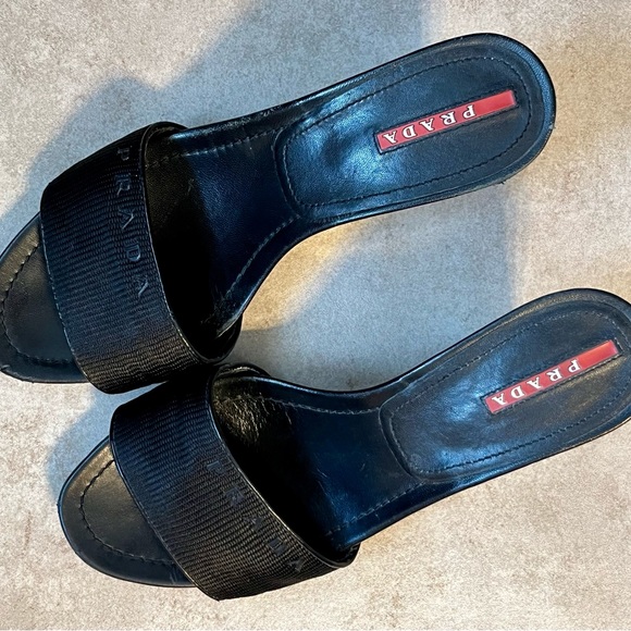 Prada Black/Sport NASTRA size 38 (8) Women Nylon Patent Leather Wedge Sandals - Picture 2 of 10